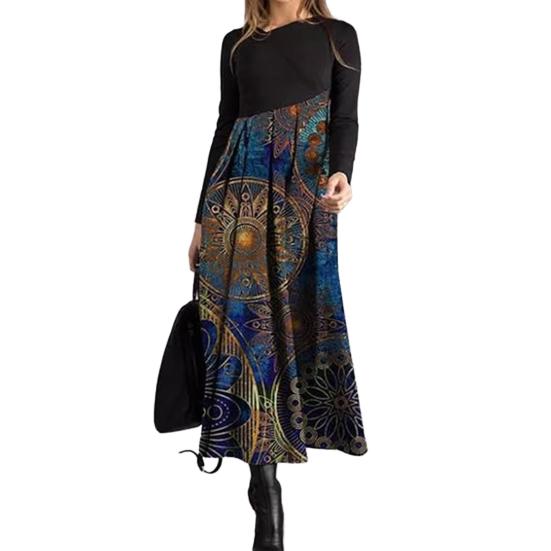 Женское платье с косым вырезом, лоскутным узором, А-силуэтом, цветным принтом, плиссированными длинными рукавами, в стиле бохо, свободное макси-платье