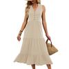 Women's Summer Casual V-Neck Button Front Sleeveless Tiered Maxi Dress Solid Color Beach Sundress