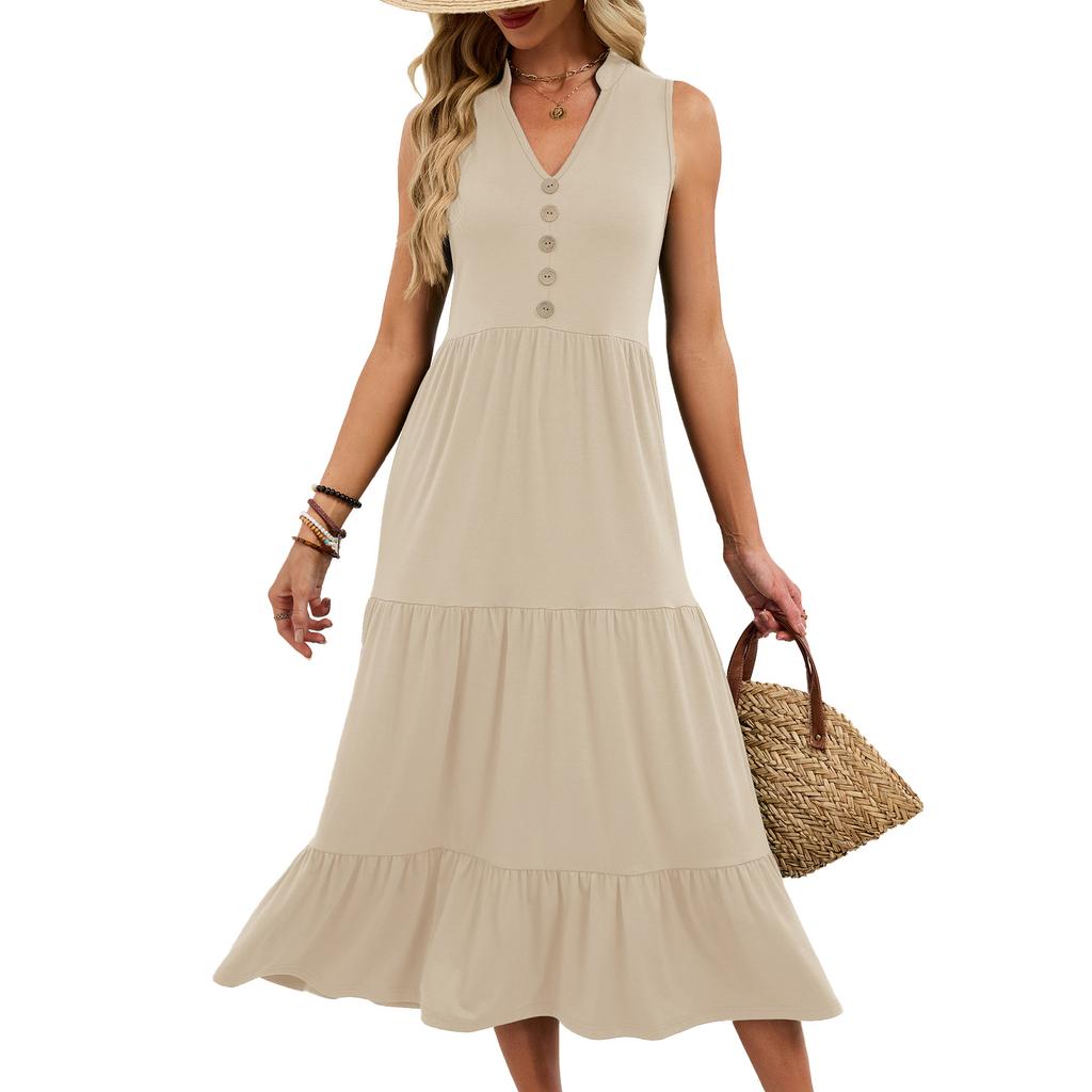Women's Summer Casual V-Neck Button Front Sleeveless Tiered Maxi Dress Solid Color Beach Sundress