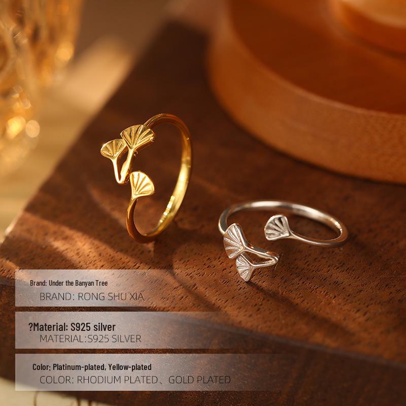 Кольцо Banyan Tree S925 Silver Ginkgo Leaf Open Ring - Летний свежий дизайн для женщин