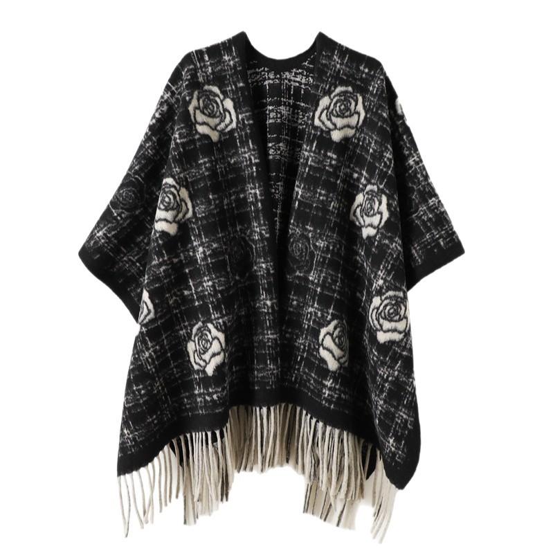 French Romantic Rose Autumn And Winter Men'S And Women'S Double-Sided Shawl With Imitation Cashmere High-End Warm Fringed Scarf Cape