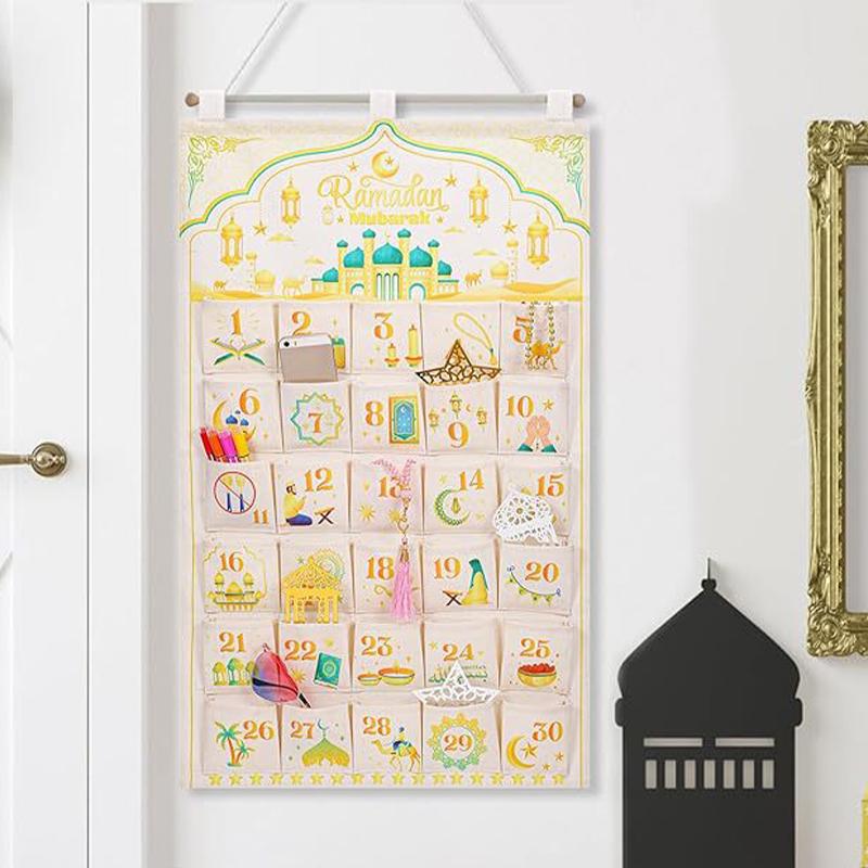 Рамадан Декор Холст Обратный отсчет 30 дней Адвент-календарь Мешок Для мусульманского исламского ребенка мальчика девочки Рамадан Декор Подвесной органайзер