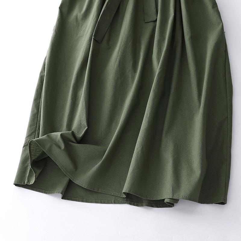 2025 лето новое однотонное хлопково-льняное платье женское свободное ретро на шнуровке на талии воротник поло рукав три четверти длинное платье