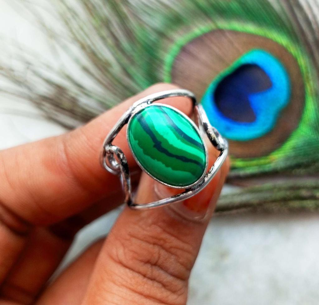 Ювелирное кольцо с регулируемым кольцом из стерлингового серебра 925 пробы с малахитом NST-J2H4581