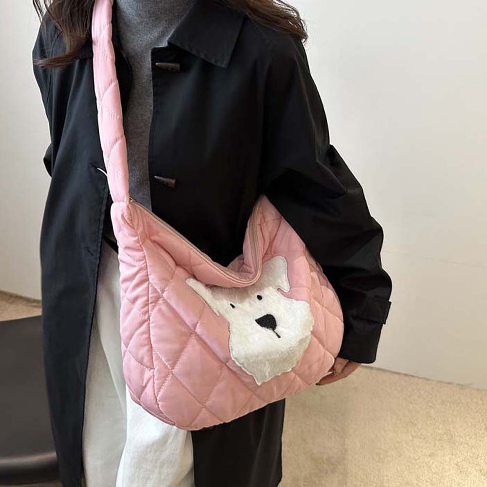 Polyester Plaid Messenger Bag Large Capacity Cartoon Dog Handbag Storage