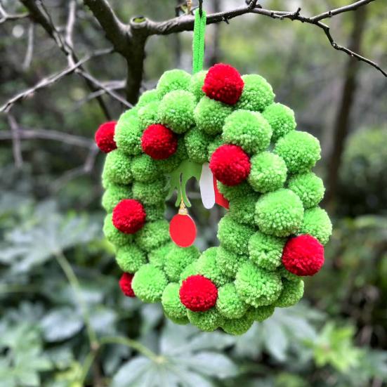 13 Inch Christmas Green Elf Wreath for Front Door Plush Pompom Ball Wreath with Wooden Elf Hand for Winter Wall Window Fireplace Door Tree Decor