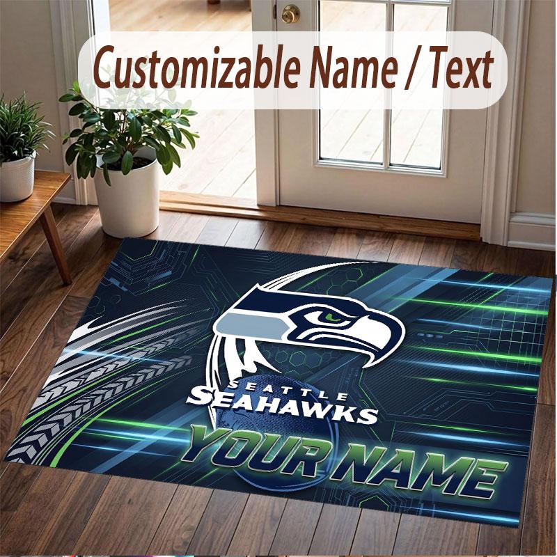 Custom Rug Seattle Seahawks Pattern Print Name Text Soft Non‑Slip Floor Carpet for Home Indoor Decoration
