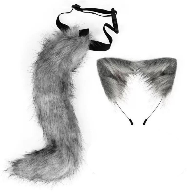 Cosplay Furry Ear Headband Tail Set With Bell Collar Anime Fans Adult Costume Accessories