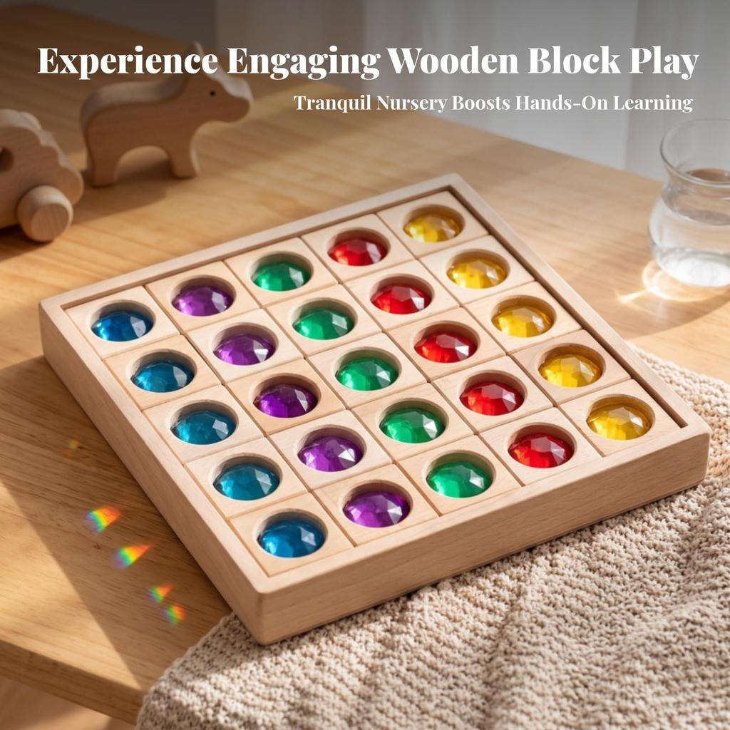 25 Pieces Wooden Blocks with Crystals Faceted Toy Rainbow Luminous Table,