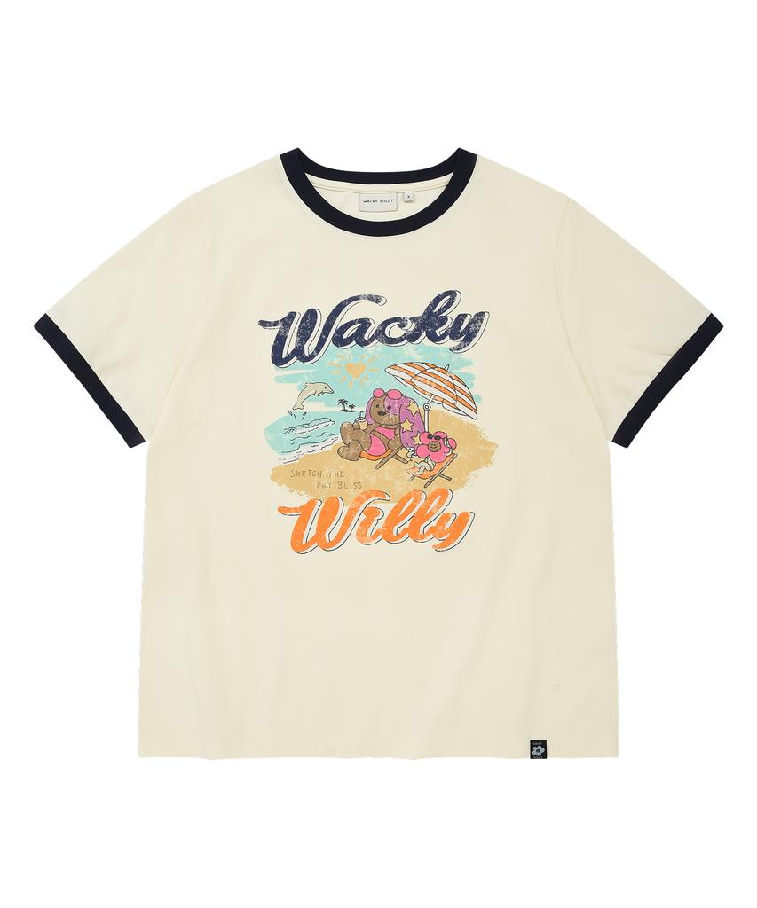 WACKY WILLY Women'S Summer Graphic Ringer Semi-Over Short Sleeve T-Shirt Cream