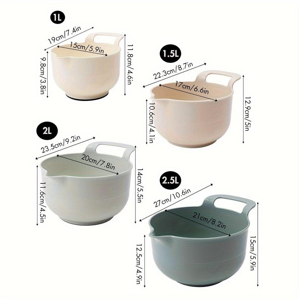Набор из 4 пластиковых мисок для смешивания, Нескользящая салатница, Миски для подготовки к выпечке, Многоцелевые миски для полоскания, Кухонные принадлежности, Разные размеры