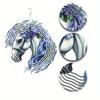 Metal Wind Chime with White Horse & Blue Floral Art - 360° Rotating Hook, Garden & Patio Decor for All Seasons