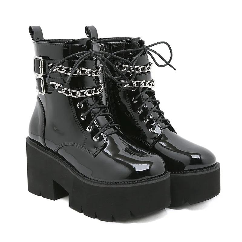 Leather Women Modern Boots Gothic Style Metal Bat Dark Black Platform Mid Calf Boots Chunky Heels Sexy Fashion High Heels