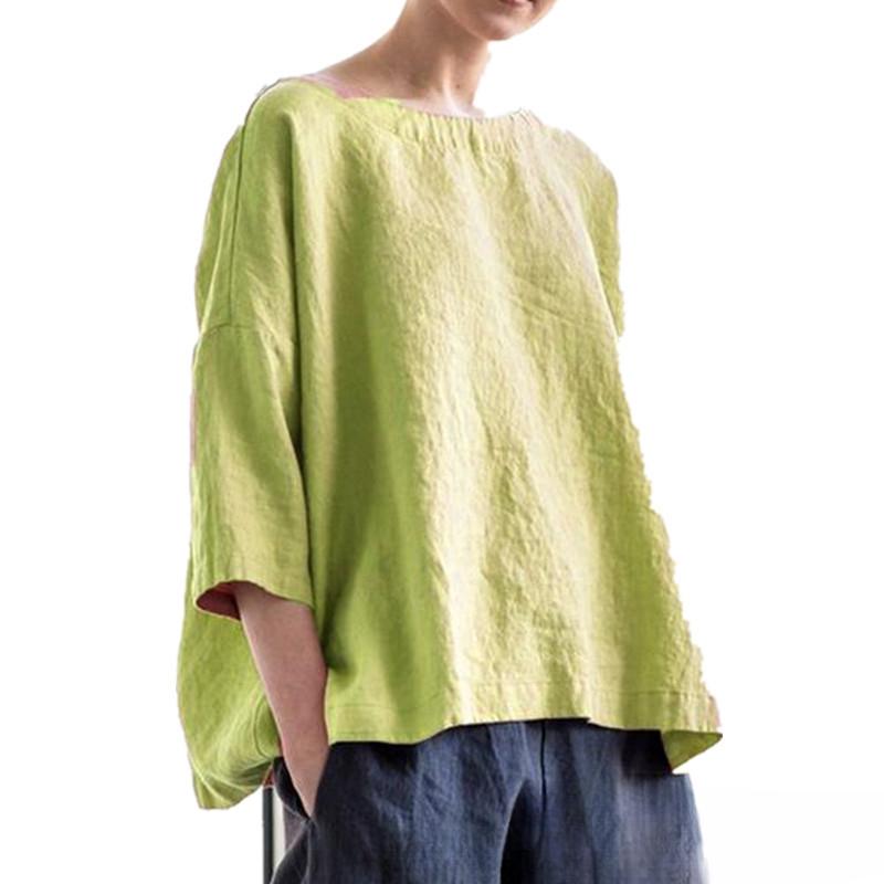 Summer Women's Round Neck T-shirt Cotton and Linen Loose Top Retro Three-quarter Sleeve Blouse Top