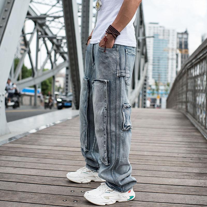 Джинсы для мужчин Мужские прямые джинсовые брюки-карго Байкерские джинсы Мужские мешковатые свободные синие джинсы
