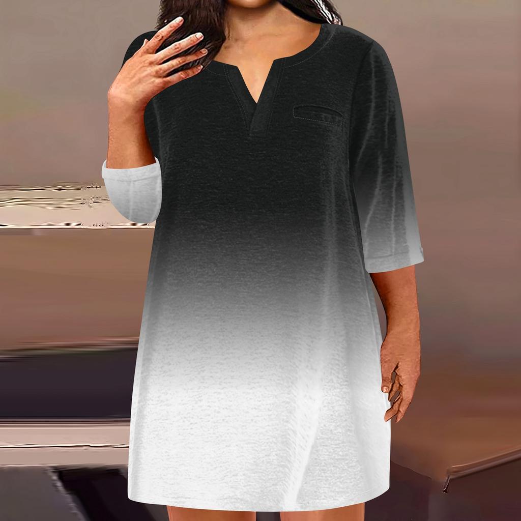 Women's Fashion Plus Size V-Neck Seven Sleeve Casual Printed Loose With Pockets Dresses