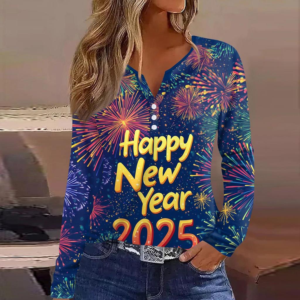 Жен. Футболка Футболка С принтом Пуговицы Длинный рукав Повседневные Выходные Мода Классический V-образный вырез Обычный Верх