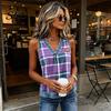 Soft Fabric Vest Summer for Women, V-Neck Sleeveless Tank Tops, Plaid Print Loose Fit Shoulder Strap Reinforced Casual Camisole with Collar Hem, Slim