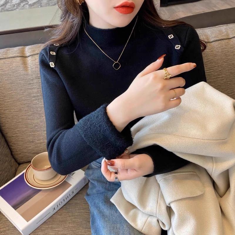 Fleece Thickened Bottoming Shirt Women's Winter New Integrated Fleece Sweater Knitted Top