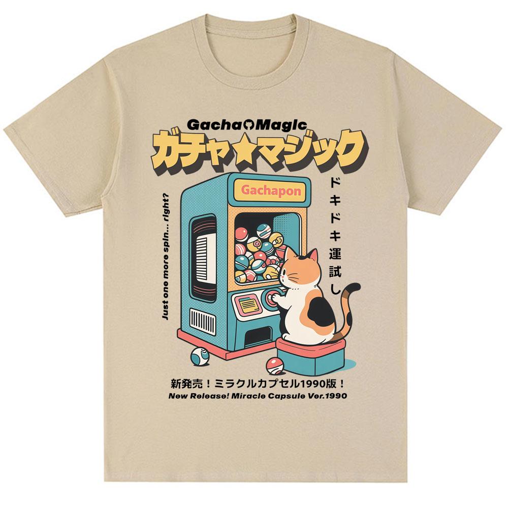 Japanese Style Cat Gashapon Toy Capsule Print T Shirt Harajuku Vintage Fashion T Shirts Men Women Oversized Cotton Casual Tees