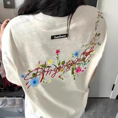 Чистый хлопок, короткий рукав, свободная футболка большого размера для женщин, дизайн, вышитые цветочные топы для лета, новый стиль, женский студенческий стиль