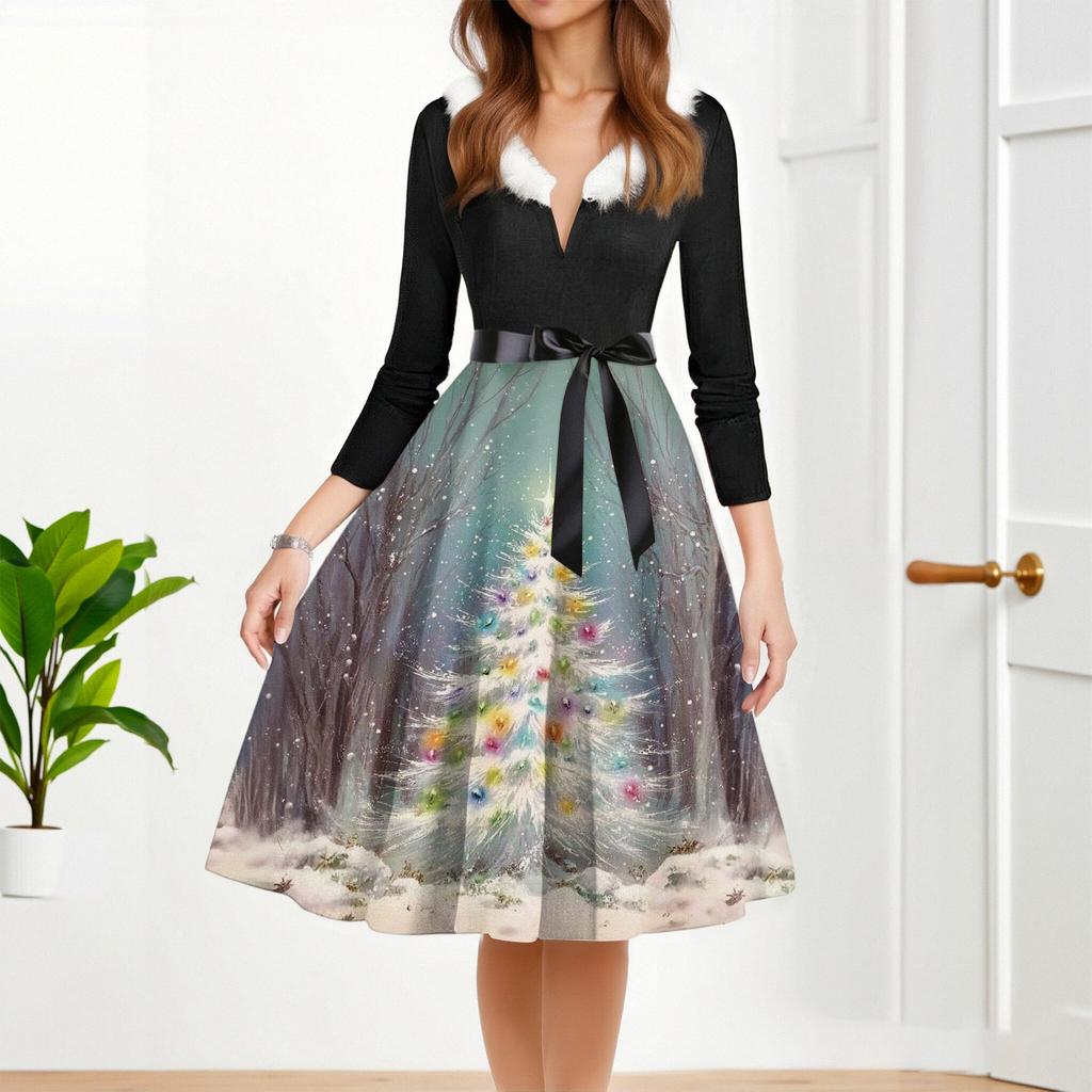 Женское модное повседневное платье приталенного кроя с круглым вырезом, рождественским принтом и длинными рукавами