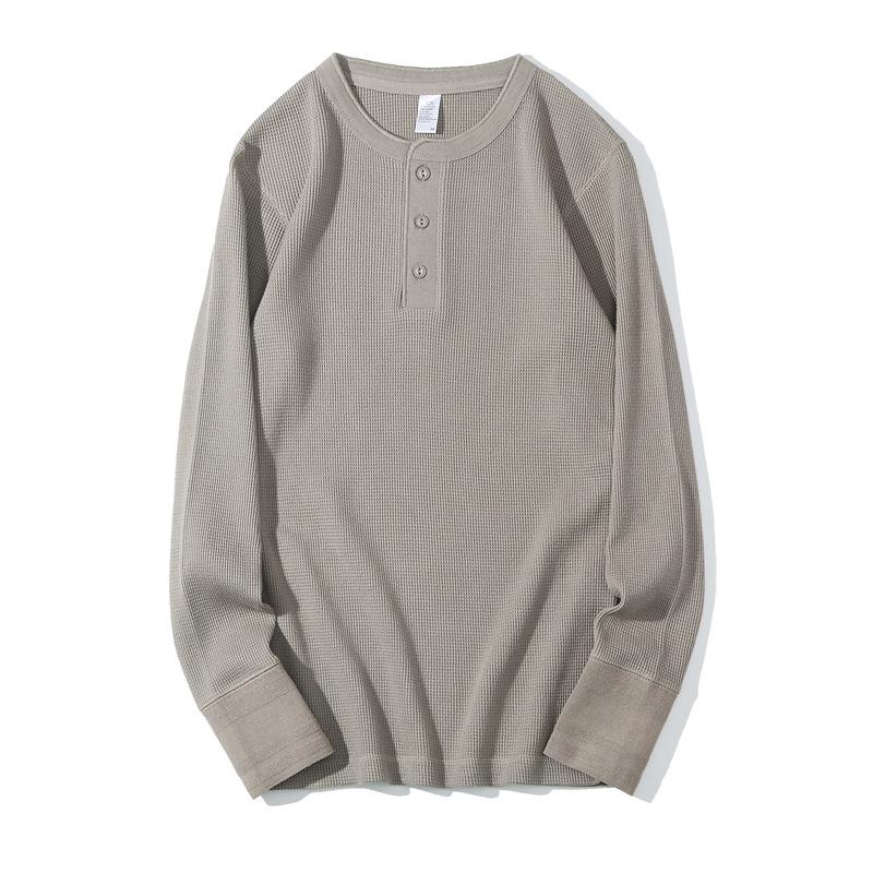 Men's Henley Long Sleeve T-Shirt Waffle Knit Heavyweight Slim Fit Casual Vintage Spring Base Layer Top