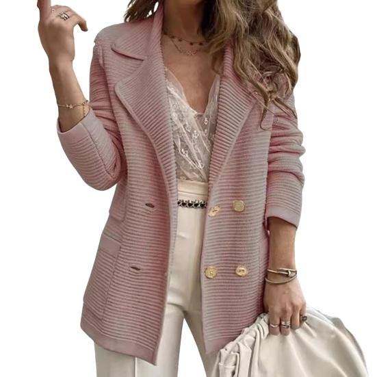 Women's Long Sleeve Tweed Double Breasted Blazer Jacket Notched Lapel Ribbed Open Front Fall Coat with Pockets