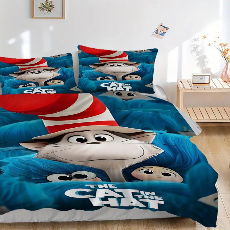 Cat Hat Print 3Pcs Bedding Set,Duvet Cover with 2 Bedro,Pillowcase Home Birthday Gift
