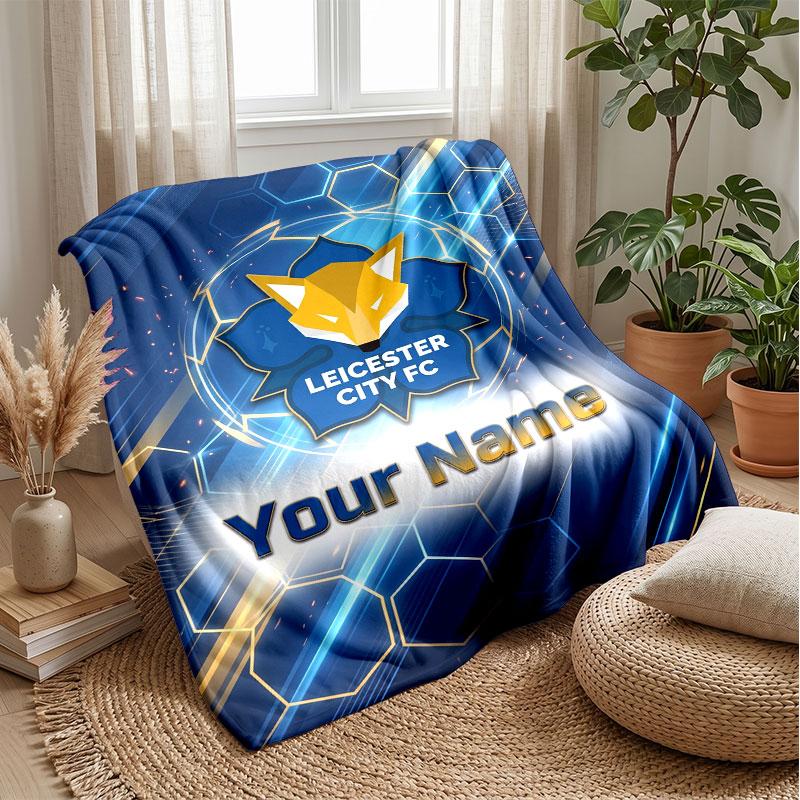 Leicester City Custom Name Text Flannel Blanket Soccer Logo Personalized Fleece Throw Blanket Special Gift For Sofa Bedroom Home