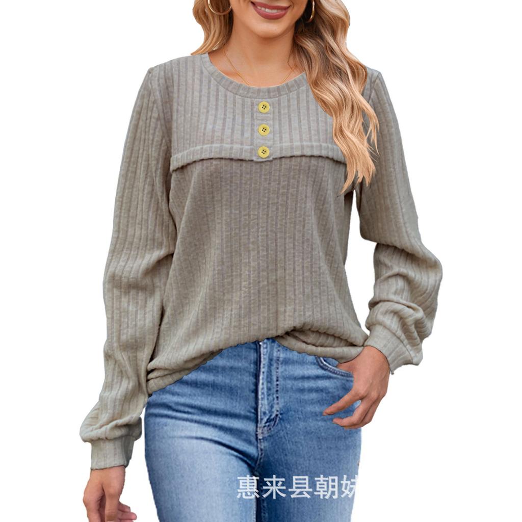 GMXIA Autumn and Winter Frosted Pit Stripe Button Long-sleeved T-shirt Casual Knitted Women's Top Sweaters