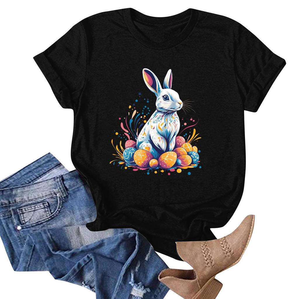 Women's Easter Bunny Print Neck Short Sleeve T-Shirt Top