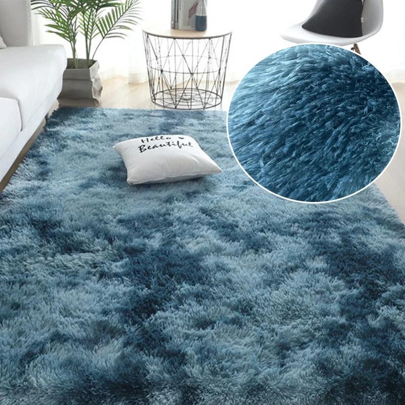 Rainbow Fluffy Carpet Tie-dye Plush Rug Gradient Silk Wool Bedside Rug Non-Slip Mat Soft Plush Area Carpet Room Decoration