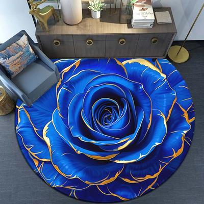 Luxury Blue Gold Rose Round Rug  Large Vivid Floral Circular Mat Non Slip Elegant Bedroom Chair Decor Carpet  for Living Room