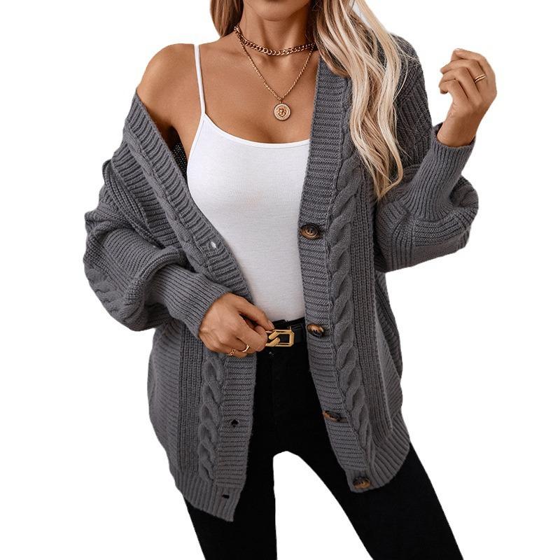 Autumn and Winter Women's Plus Size V-neck Sweater Loose Casual Lantern Sleeve Twist Knitted Cardigan