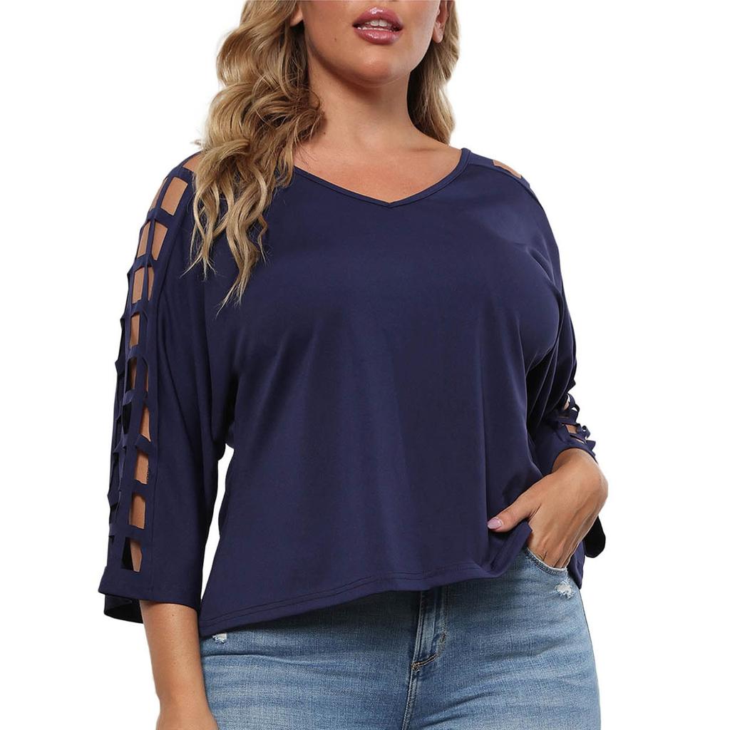 Женский летний повседневный модный сексуальный удобный свободный топ большого размера с полым v-образным вырезом, однотонный топ с рукавами три четверти