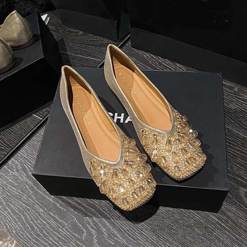 2024 Новые популярные женские туфли на плоской подошве со стразами, мокасины без застежек для девочек, повседневные туфли-лодочки с круглым носком