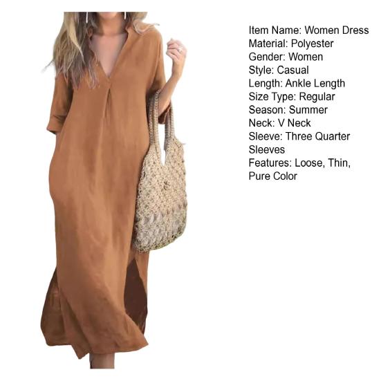 Летнее женское платье с глубоким V-образным вырезом и рукавами три четверти до щиколотки, сплошной цвет, тонкая свободная сторона