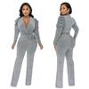 European & American Women's Sexy V-Neck Puff Sleeve Shiny Knit Jumpsuit