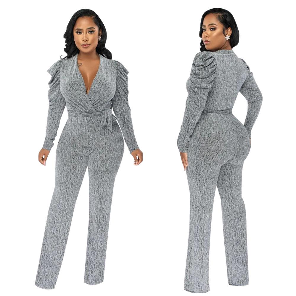 European & American Women's Sexy V-Neck Puff Sleeve Shiny Knit Jumpsuit