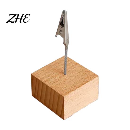 Desktop Memo Stand Wooden Cube Clip Stand, Note Display Solid Wood Square Base Business Receipt Organizer Card Holder, Vertical Holder for Wedding