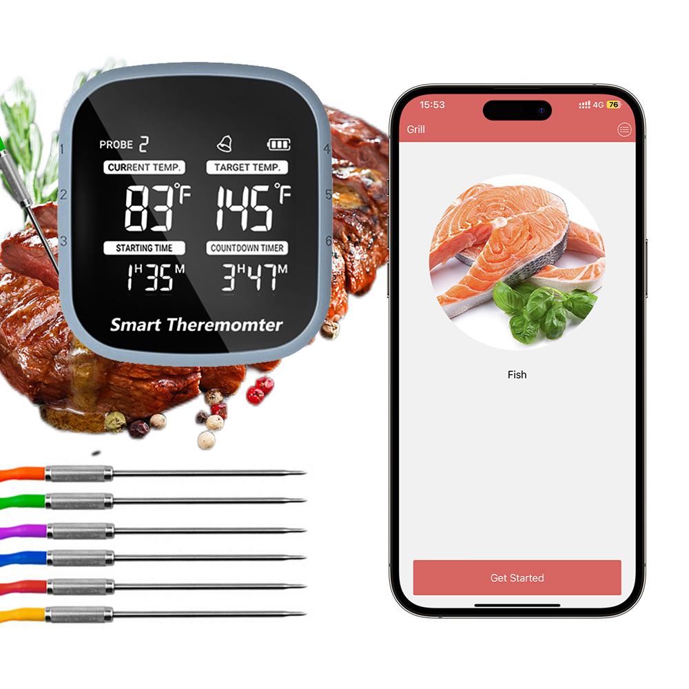 Беспроводной термометр для мяса, ЖК-цифровой термометр для гриля с сигнализацией, 6 магнитных зондов, 164 фута BT