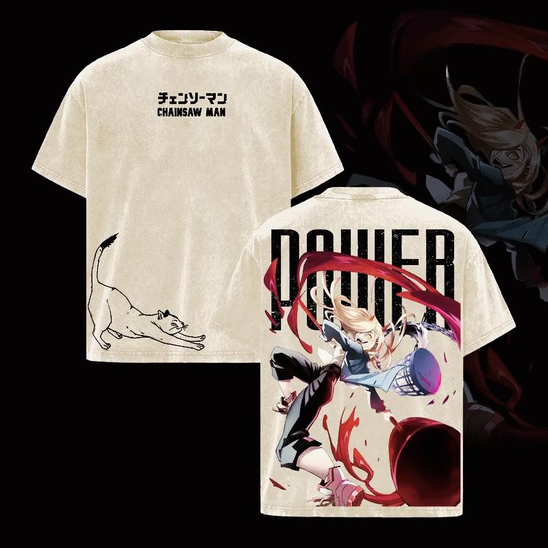 Chainsaw Man Anime T-shirt Power Vintage Washed Oversized T Shirt Men Women Clothing Summer Short Sleeve Pure Polyester Tees Tops