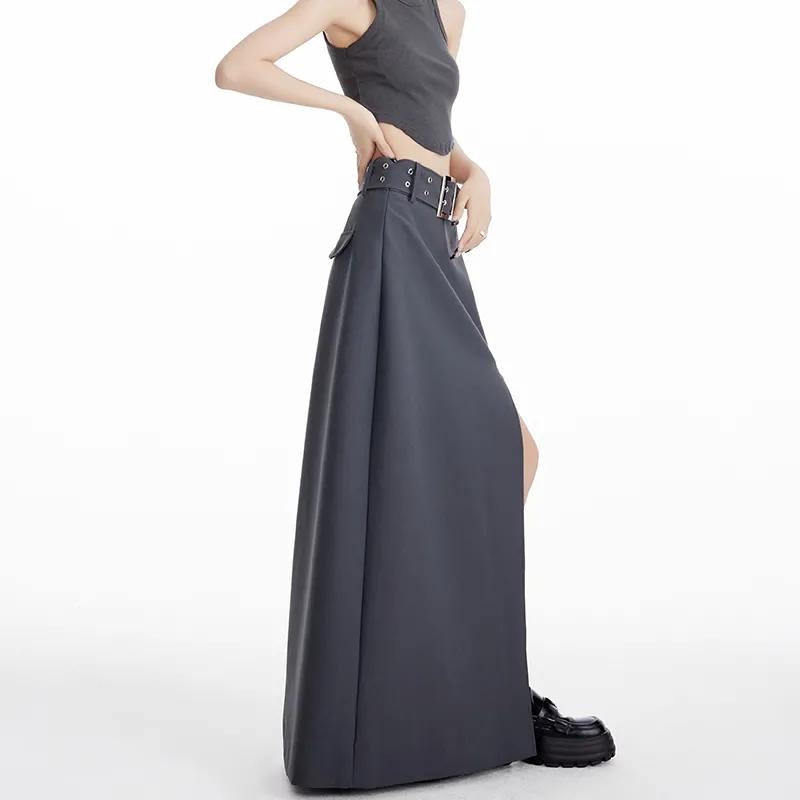 Long Black Skirt Women Streetwear High Waist A-line Belt Slim Irregular Split Sexy Goth Maxi Skirt Autumn Fashion