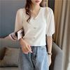 Модные трикотажные топы женские тонкие летние темпераментные элегантные короткие рукава V-образный вырез шифоновая трикотажная рубашка повседневные основные облегающие пуловеры футболки