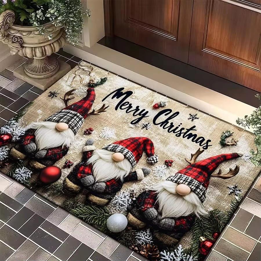 Christmas Gnome Print Doormat Black Festive Door Mat Floor for Kitchen Living Room Bedroom Bathroom Holiday for Halloween Decor