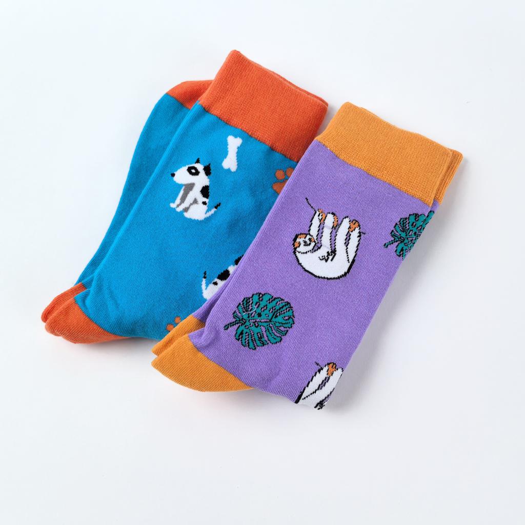 1 пара носков длиной до середины икры с милым рисунком животных из мультфильмов, ленивца, пятнистой собаки, модные и удобные мужские и женские