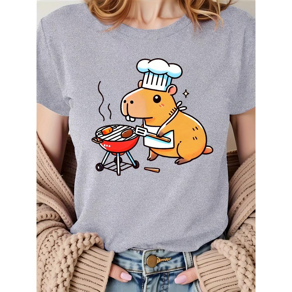 Женская белая футболка с коротким рукавом Милая морская свинка Повар BBQ Графический принт Топы в стиле Харадзюку с коротким рукавом