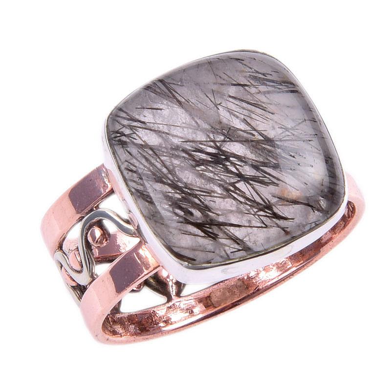 Natural Black Rutile Gemstone 925 Sterling Silver Jewelry Two Tone Ring S.8 D6S31