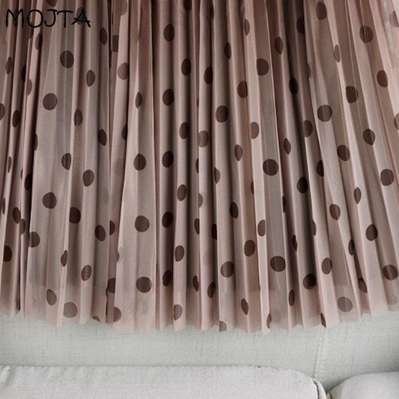 MOJTA Mid-length Skirt Spring Summer Women's Pleated Elastic Dots High Waist Skirt A-line Long Skirt